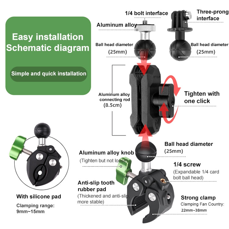 RUIGPRO Crab Clamp Action Camera Bracket Dual-Head Crab x 2 with Selfie Stick - Holder by RUIGPRO | Online Shopping South Africa | PMC TechLife | Buy Now Pay Later Mobicred