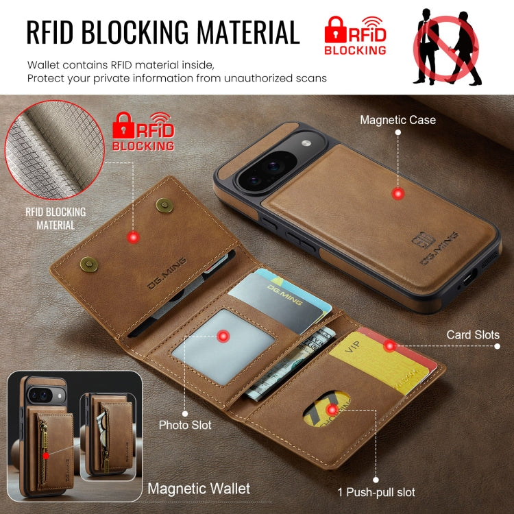 For Google Pixel 9 / 9 Pro DG.MING M5 Series Zip RFID Multi Card Detachable Leather Phone Case(Brown) - Google Cases by DG.MING | Online Shopping South Africa | PMC Jewellery | Buy Now Pay Later Mobicred