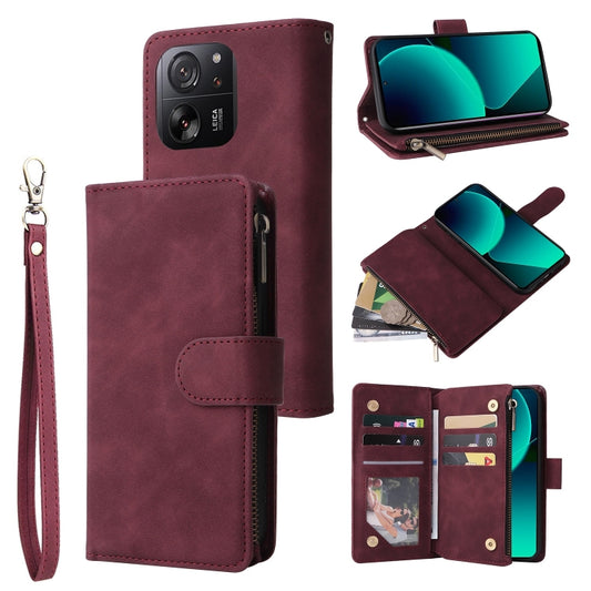 For Xiaomi 13T / 13T Pro Multifunctional Frosted Zipper Wallet Leather Phone Case(Wine Red) - Xiaomi Cases by PMC Jewellery | Online Shopping South Africa | PMC Jewellery | Buy Now Pay Later Mobicred