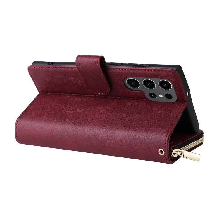 For Samsung Galaxy S24 Ultra 5G 9-Card Slots Zipper Wallet Bag Leather Phone Case(Wine Red) - Galaxy S24 Ultra 5G Cases by PMC Jewellery | Online Shopping South Africa | PMC Jewellery | Buy Now Pay Later Mobicred