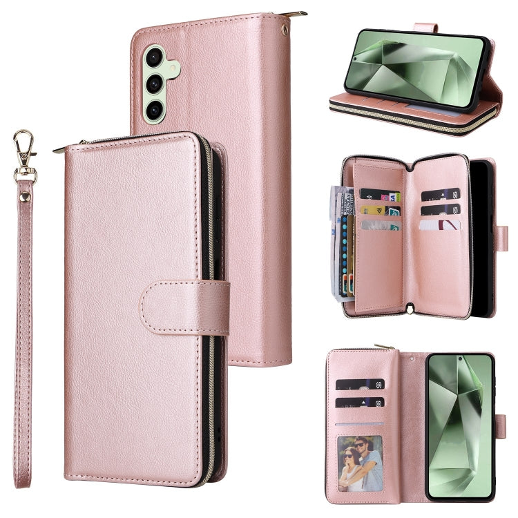 For Samsung Galaxy S24 FE 5G 9-Card Slots Zipper Wallet Bag Leather Phone Case(Rose Gold) - Galaxy S24 FE 5G Cases by PMC Jewellery | Online Shopping South Africa | PMC Jewellery | Buy Now Pay Later Mobicred