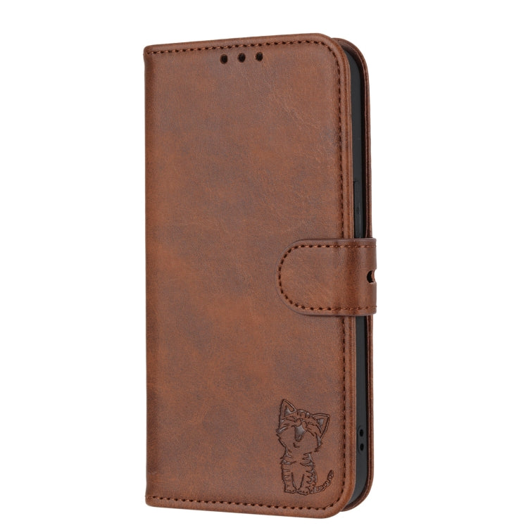 For Google Pixel 9 Embossed Happy Cat Pattern Flip Leather Phone Case(Brown) - Google Cases by PMC Jewellery | Online Shopping South Africa | PMC Jewellery | Buy Now Pay Later Mobicred