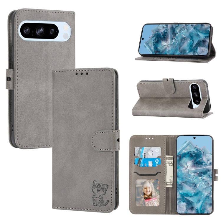 For Google Pixel 9 Embossed Happy Cat Pattern Flip Leather Phone Case(Grey) - Google Cases by PMC Jewellery | Online Shopping South Africa | PMC Jewellery | Buy Now Pay Later Mobicred