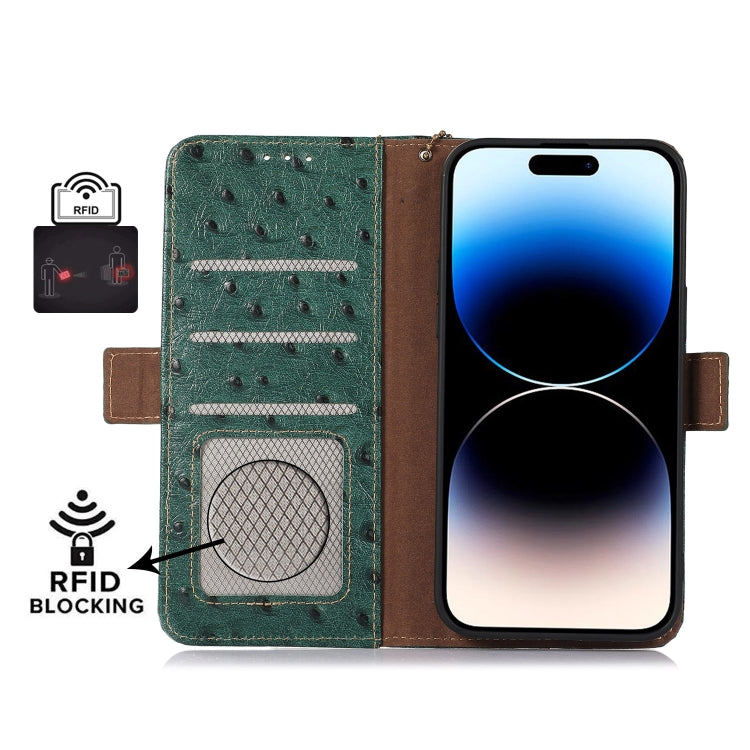 For Honor 100 5G Ostrich Pattern Genuine Leather RFID Phone Case(Green) - Honor Cases by PMC TechLife | Online Shopping South Africa | PMC TechLife | Buy Now Pay Later Mobicred