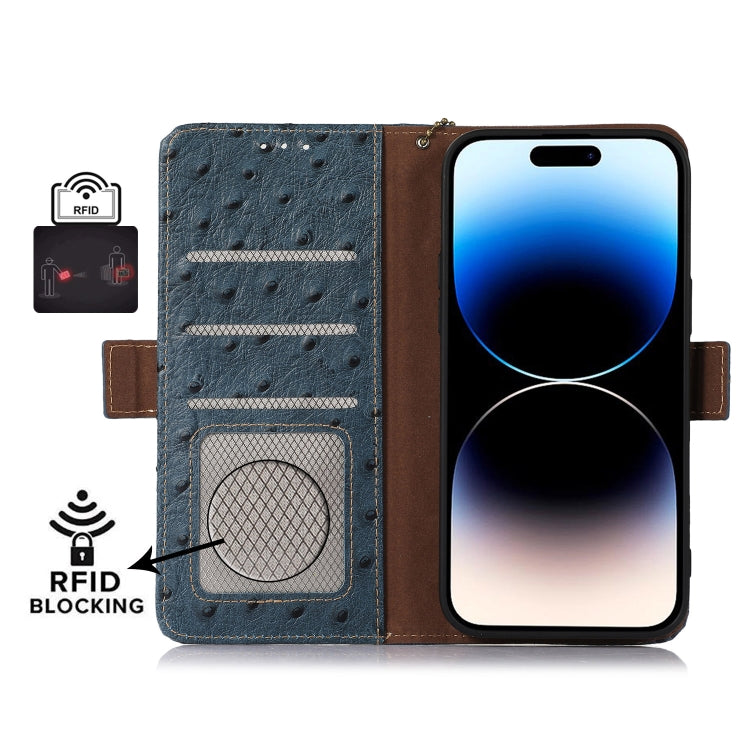 For Honor 100 5G Ostrich Pattern Genuine Leather RFID Phone Case(Blue) - Honor Cases by PMC TechLife | Online Shopping South Africa | PMC TechLife | Buy Now Pay Later Mobicred