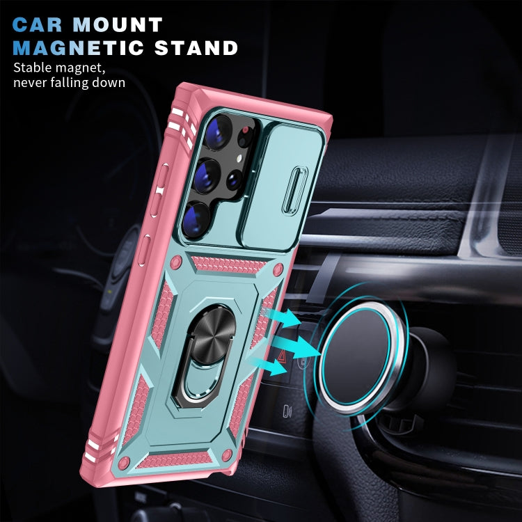 For Samsung Galaxy S24 Ultra 5G Sliding Camshield TPU + PC Phone Case with Holder(Green+Pink) - Galaxy S24 Ultra 5G Cases by PMC Jewellery | Online Shopping South Africa | PMC Jewellery