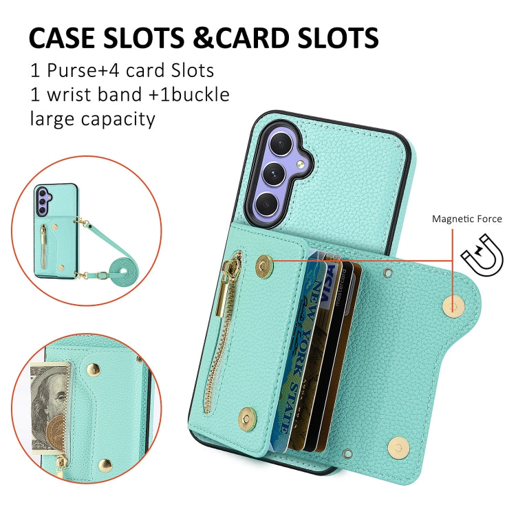 For Samsung Galaxy S24 DF-09 Crossbody Litchi texture Card Bag Design PU Phone Case(Cyan) - Galaxy S24 5G Cases by PMC Jewellery | Online Shopping South Africa | PMC Jewellery | Buy Now Pay Later Mobicred