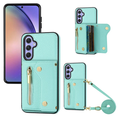 For Samsung Galaxy S24+ DF-09 Crossbody Litchi texture Card Bag Design PU Phone Case(Cyan) - Galaxy S24+ 5G Cases by PMC Jewellery | Online Shopping South Africa | PMC Jewellery | Buy Now Pay Later Mobicred