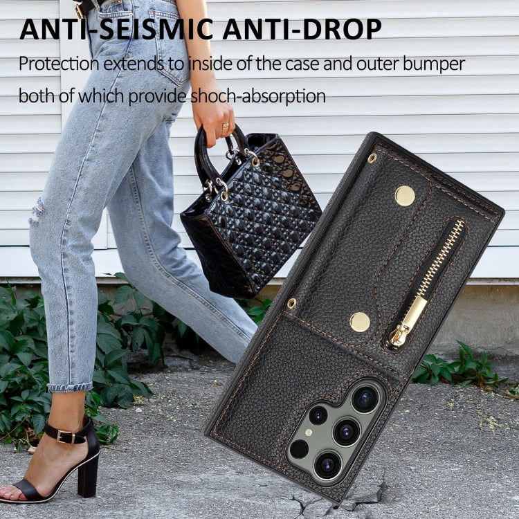 For Samsung Galaxy S24 Ultra DF-09 Crossbody Litchi texture Card Bag Design PU Phone Case(Black) - Galaxy S24 Ultra 5G Cases by PMC Jewellery | Online Shopping South Africa | PMC Jewellery | Buy Now Pay Later Mobicred