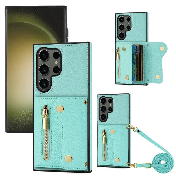 For Samsung Galaxy S24 Ultra DF-09 Crossbody Litchi texture Card Bag Design PU Phone Case(Cyan) - Galaxy S24 Ultra 5G Cases by PMC Jewellery | Online Shopping South Africa | PMC Jewellery | Buy Now Pay Later Mobicred