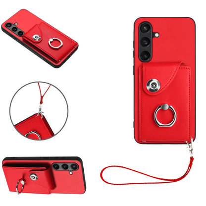 For Samsung Galaxy S24 5G Organ Card Bag Ring Holder PU Phone Case with Lanyard(Red) - Galaxy S24 5G Cases by PMC Jewellery | Online Shopping South Africa | PMC Jewellery