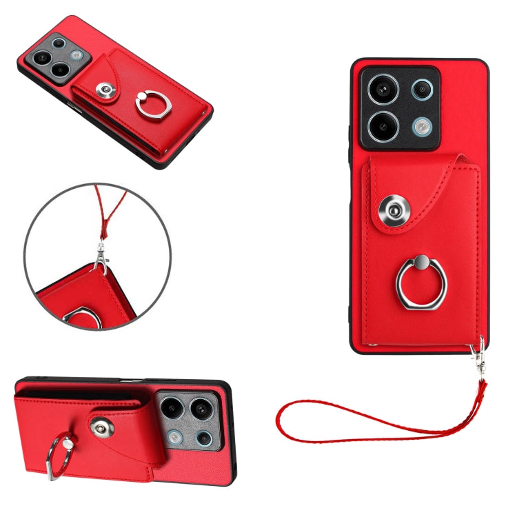 For Xiaomi Redmi Note 13 5G Global Organ Card Bag Ring Holder PU Phone Case with Lanyard(Red) - Note 13 Cases by PMC Jewellery | Online Shopping South Africa | PMC Jewellery | Buy Now Pay Later Mobicred