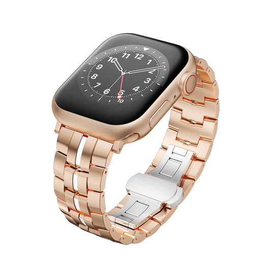 For Apple Watch Series 6 40mm Butterfly Buckle 5-Beads Metal Watch Band(Rose Gold White) - Watch Bands by PMC Jewellery | Online Shopping South Africa | PMC Jewellery