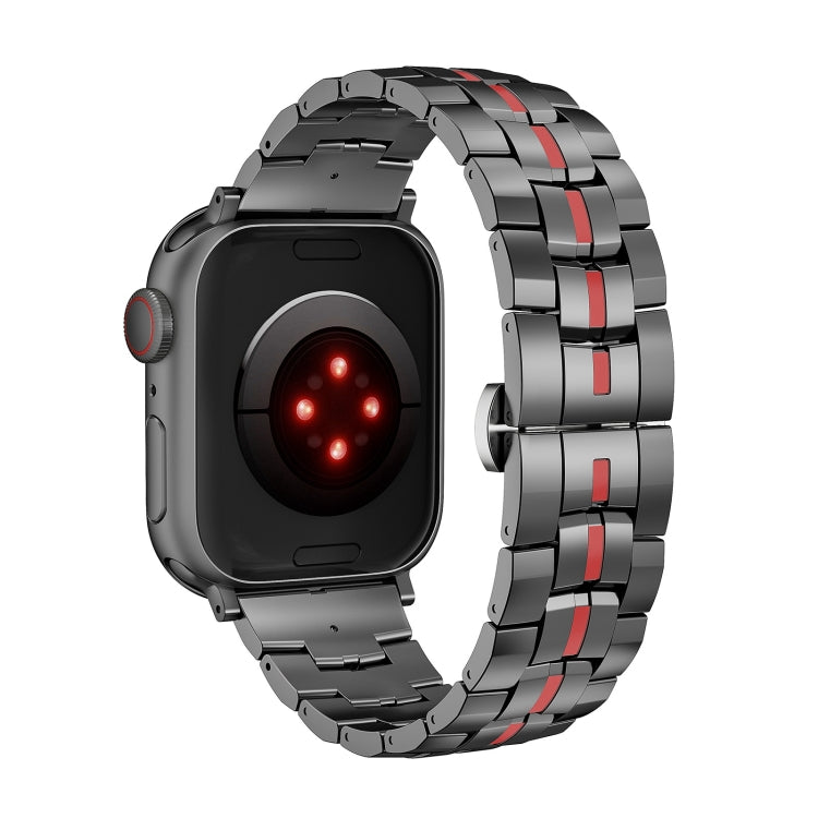 For Apple Watch Series 3 42mm Butterfly Buckle 5-Beads Metal Watch Band(Black Red) - Watch Bands by PMC Jewellery | Online Shopping South Africa | PMC Jewellery