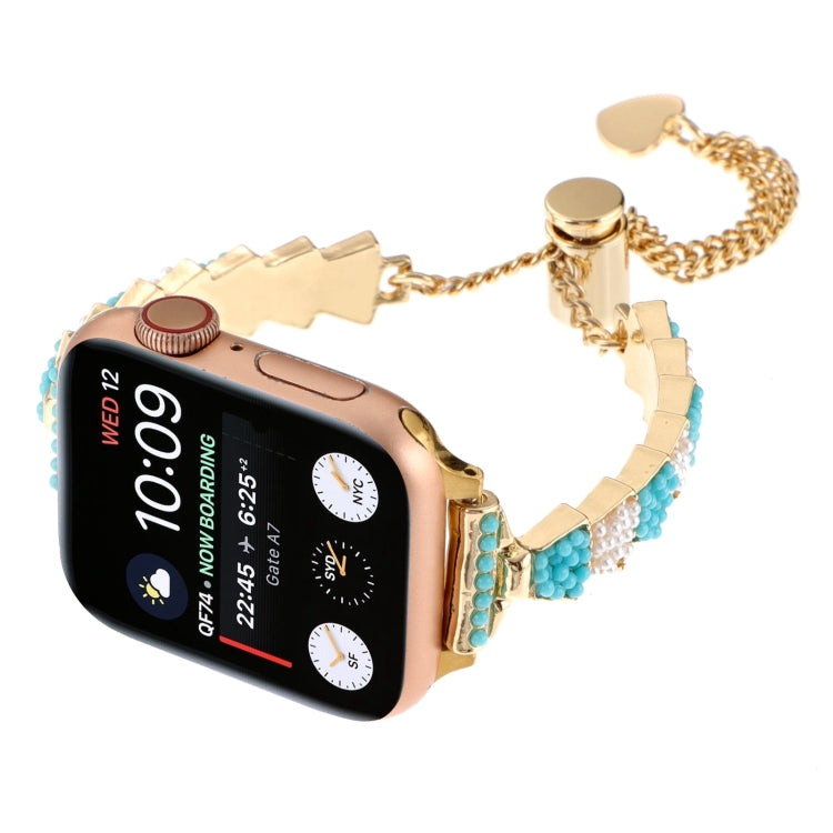 For Apple Watch Series 9 45mm Shell Beads Chain Bracelet Metal Watch Band(Blue White Gold) - Watch Bands by PMC Jewellery | Online Shopping South Africa | PMC Jewellery