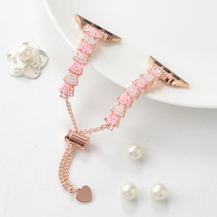 For Apple Watch Series 7 41mm Shell Beads Chain Bracelet Metal Watch Band(Pink White Rose Gold) - Watch Bands by PMC Jewellery | Online Shopping South Africa | PMC Jewellery