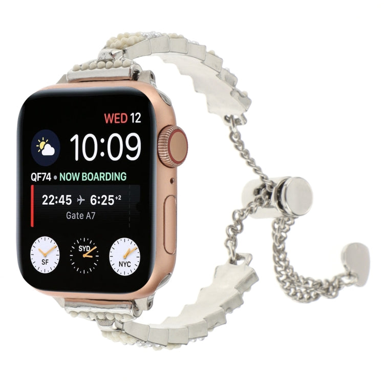 For Apple Watch Series 7 45mm Shell Beads Chain Bracelet Metal Watch Band(Beige White Silver) - Watch Bands by PMC Jewellery | Online Shopping South Africa | PMC Jewellery