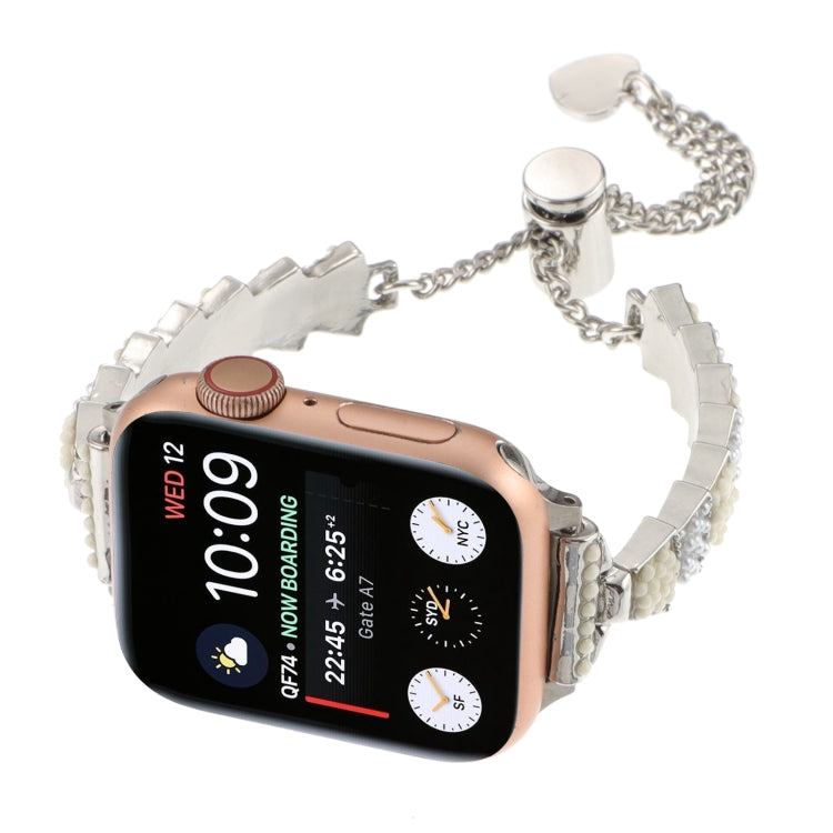 For Apple Watch Series 4 44mm Shell Beads Chain Bracelet Metal Watch Band(Beige White Silver) - Watch Bands by PMC Jewellery | Online Shopping South Africa | PMC Jewellery