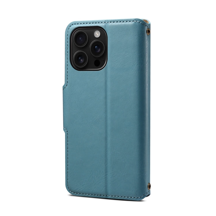 For iPhone 16 Pro Max Denior Cowhide Texture Wallet Style Leather Phone Case(Blue) - iPhone 16 Pro Max Cases by Denior | Online Shopping South Africa | PMC Jewellery | Buy Now Pay Later Mobicred