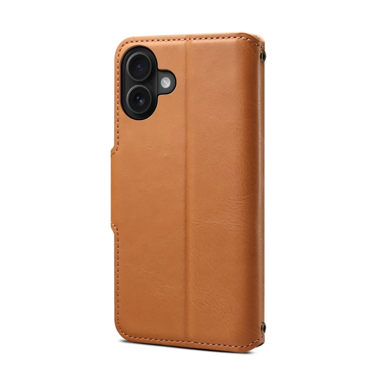 For iPhone 16 Plus Denior Cowhide Texture Wallet Style Leather Phone Case(Khaki) - iPhone 16 Plus Cases by Denior | Online Shopping South Africa | PMC Jewellery | Buy Now Pay Later Mobicred