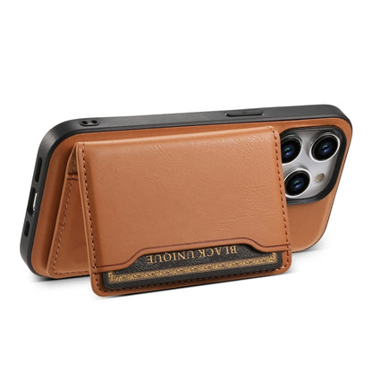 For iPhone 15 Plus Denior Cowhide Texture Leather MagSafe Detachable Wallet Phone Case(Khaki) - iPhone 15 Plus Cases by Denior | Online Shopping South Africa | PMC Jewellery | Buy Now Pay Later Mobicred