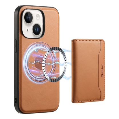 For iPhone 15 Denior Cowhide Texture Leather MagSafe Detachable Wallet Phone Case(Khaki) - iPhone 15 Cases by Denior | Online Shopping South Africa | PMC Jewellery | Buy Now Pay Later Mobicred