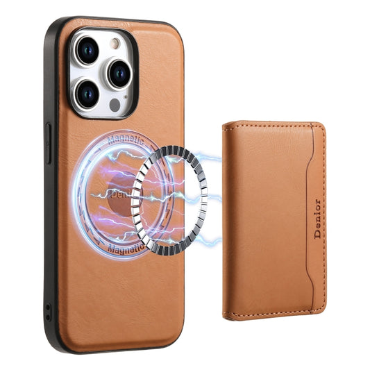 For iPhone 14 Pro Denior Cowhide Texture Leather MagSafe Detachable Wallet Phone Case(Khaki) - iPhone 14 Pro Cases by Denior | Online Shopping South Africa | PMC Jewellery | Buy Now Pay Later Mobicred