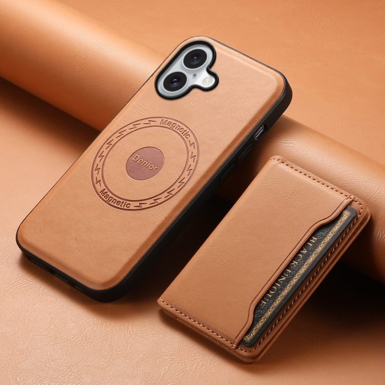 For iPhone 16 Plus Denior Cowhide Texture Leather MagSafe Detachable Wallet Phone Case(Khaki) - iPhone 16 Plus Cases by Denior | Online Shopping South Africa | PMC Jewellery | Buy Now Pay Later Mobicred