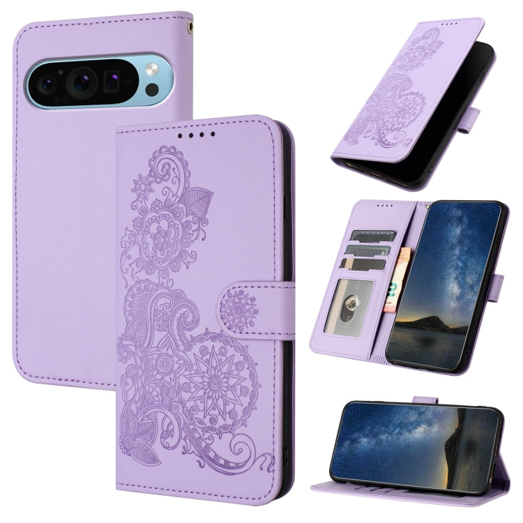 For Google Pixel 9 Datura Flower Embossed Flip Leather Phone Case(Purple) - Google Cases by PMC Jewellery | Online Shopping South Africa | PMC Jewellery | Buy Now Pay Later Mobicred