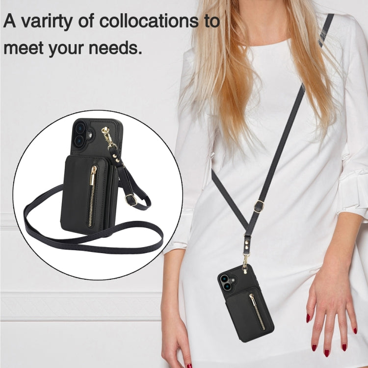 For iPhone 16 Plus YM006 Skin Feel Zipper Card Bag Phone Case with Dual Lanyard(Black) - iPhone 16 Plus Cases by PMC Jewellery | Online Shopping South Africa | PMC Jewellery | Buy Now Pay Later Mobicred