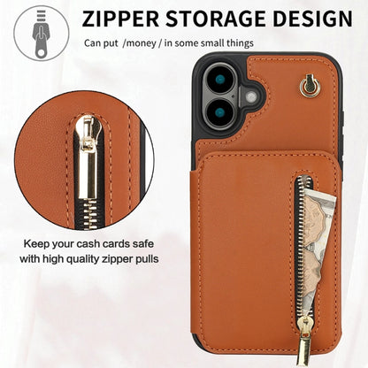 For iPhone 16 Plus YM006 Skin Feel Zipper Card Bag Phone Case with Dual Lanyard(Brown) - iPhone 16 Plus Cases by PMC Jewellery | Online Shopping South Africa | PMC Jewellery | Buy Now Pay Later Mobicred