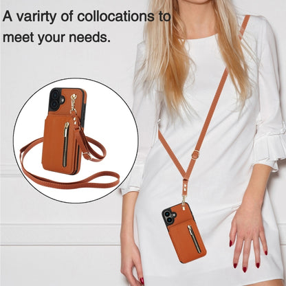 For iPhone 16 Plus YM006 Skin Feel Zipper Card Bag Phone Case with Dual Lanyard(Brown) - iPhone 16 Plus Cases by PMC Jewellery | Online Shopping South Africa | PMC Jewellery | Buy Now Pay Later Mobicred