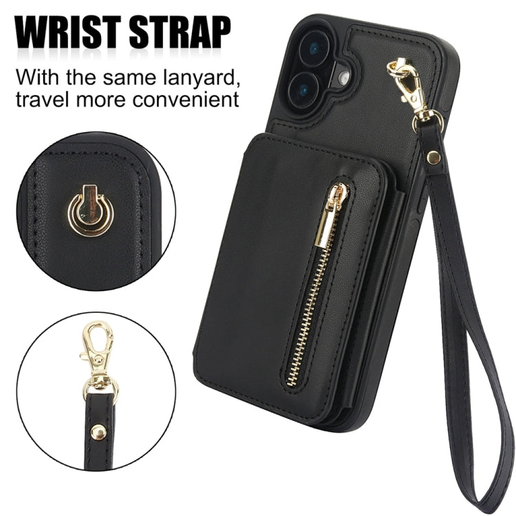 For iPhone 16 YM006 Skin Feel Zipper Card Bag Phone Case with Dual Lanyard(Black) - iPhone 16 Cases by PMC Jewellery | Online Shopping South Africa | PMC Jewellery | Buy Now Pay Later Mobicred