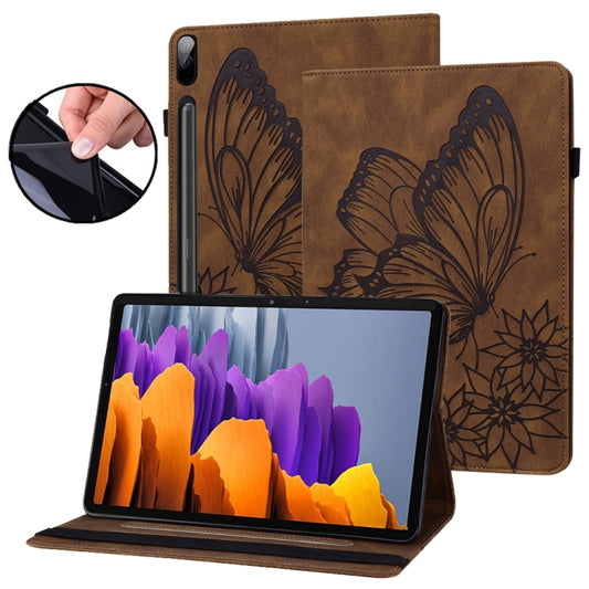 For Samsung Galaxy Tab S9 FE+ / S9+ / S8+ Big Butterfly Embossed Leather Tablet Case(Brown) - Galaxy Tab S9+ Cases by PMC Jewellery | Online Shopping South Africa | PMC Jewellery | Buy Now Pay Later Mobicred