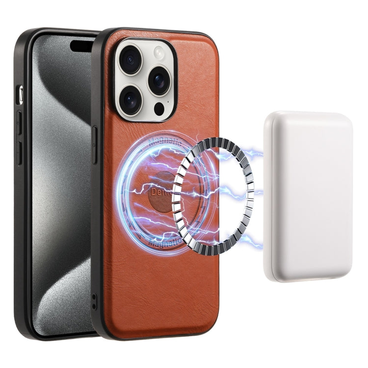 For iPhone 15 Pro Denior Cowhide Texture Leather MagSafe Phone Case(Brown) - iPhone 15 Pro Cases by Denior | Online Shopping South Africa | PMC TechLife | Buy Now Pay Later Mobicred