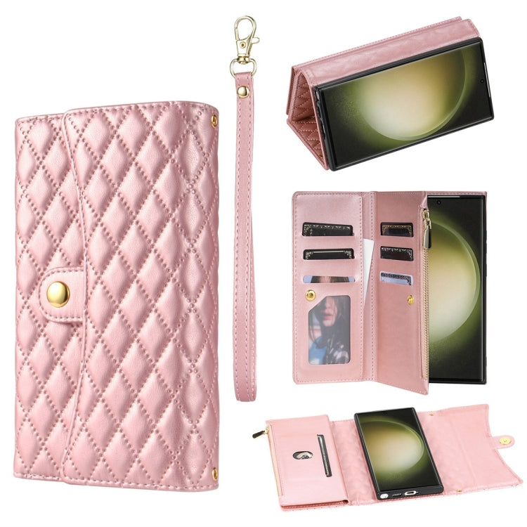 For Samsung Galaxy S24 Ultra 5G Zipper Multi-Card Wallet Rhombic Leather Phone Case(Rose Gold) - Galaxy S24 Ultra 5G Cases by PMC Jewellery | Online Shopping South Africa | PMC Jewellery | Buy Now Pay Later Mobicred