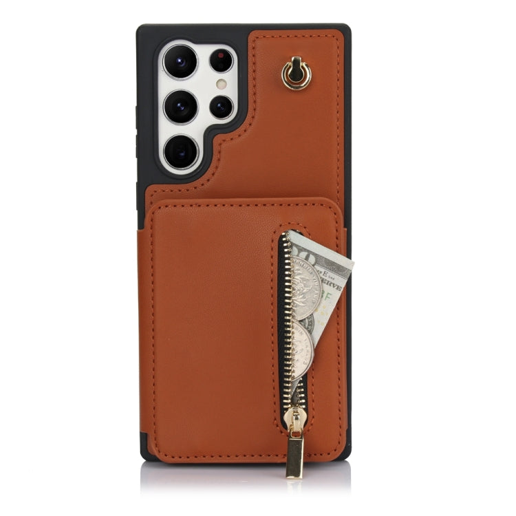 For Samsung Galaxy S24 Ultra 5G YM006 Skin Feel Zipper Card Bag Phone Case with Dual Lanyard(Brown) - Galaxy S24 Ultra 5G Cases by PMC Jewellery | Online Shopping South Africa | PMC Jewellery | Buy Now Pay Later Mobicred