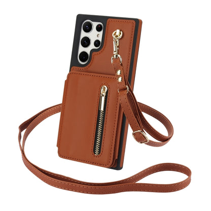 For Samsung Galaxy S24 Ultra 5G YM006 Skin Feel Zipper Card Bag Phone Case with Dual Lanyard(Brown) - Galaxy S24 Ultra 5G Cases by PMC Jewellery | Online Shopping South Africa | PMC Jewellery | Buy Now Pay Later Mobicred