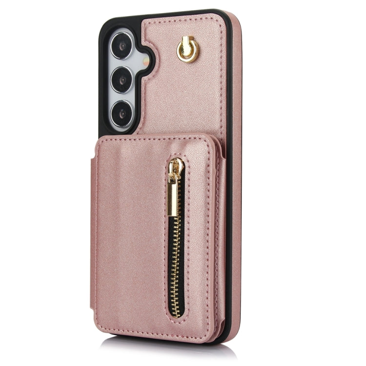 For Samsung Galaxy S24+ 5G YM006 Skin Feel Zipper Card Bag Phone Case with Dual Lanyard(Rose Gold) - Galaxy S24+ 5G Cases by PMC Jewellery | Online Shopping South Africa | PMC Jewellery | Buy Now Pay Later Mobicred