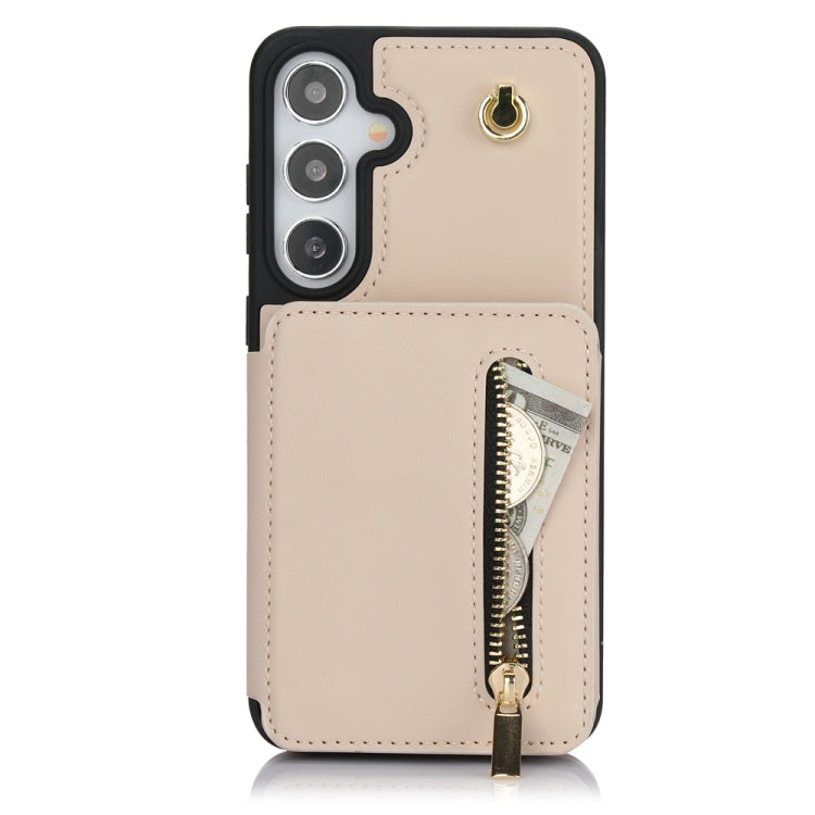 For Samsung Galaxy S24+ 5G YM006 Skin Feel Zipper Card Bag Phone Case with Dual Lanyard(Apricot) - Galaxy S24+ 5G Cases by PMC Jewellery | Online Shopping South Africa | PMC Jewellery | Buy Now Pay Later Mobicred