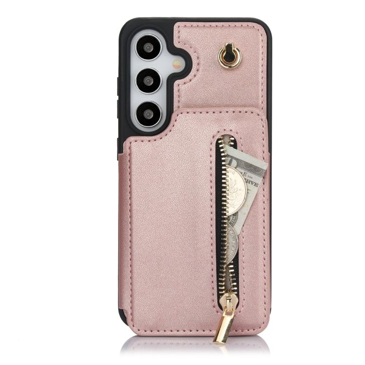 For Samsung Galaxy S24 5G YM006 Skin Feel Zipper Card Bag Phone Case with Dual Lanyard(Rose Gold) - Galaxy S24 5G Cases by PMC Jewellery | Online Shopping South Africa | PMC Jewellery | Buy Now Pay Later Mobicred