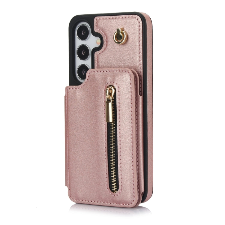 For Samsung Galaxy S24 5G YM006 Skin Feel Zipper Card Bag Phone Case with Dual Lanyard(Rose Gold) - Galaxy S24 5G Cases by PMC Jewellery | Online Shopping South Africa | PMC Jewellery | Buy Now Pay Later Mobicred