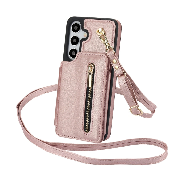 For Samsung Galaxy S24 5G YM006 Skin Feel Zipper Card Bag Phone Case with Dual Lanyard(Rose Gold) - Galaxy S24 5G Cases by PMC Jewellery | Online Shopping South Africa | PMC Jewellery | Buy Now Pay Later Mobicred