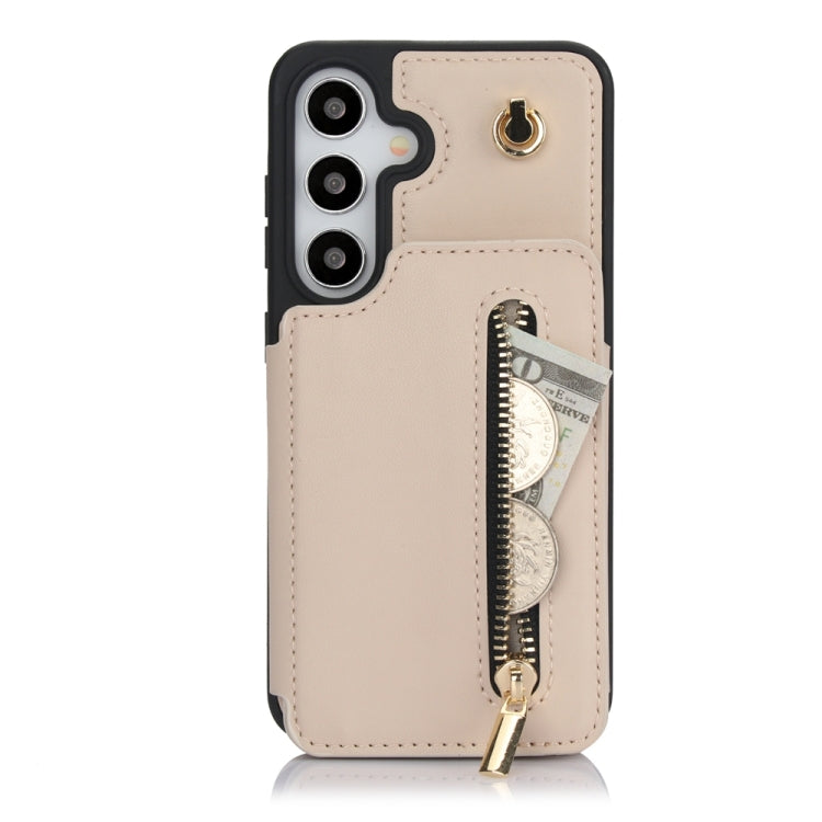 For Samsung Galaxy S24 5G YM006 Skin Feel Zipper Card Bag Phone Case with Dual Lanyard(Apricot) - Galaxy S24 5G Cases by PMC Jewellery | Online Shopping South Africa | PMC Jewellery | Buy Now Pay Later Mobicred