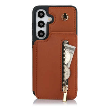 For Samsung Galaxy S24 5G YM006 Skin Feel Zipper Card Bag Phone Case with Dual Lanyard(Brown) - Galaxy S24 5G Cases by PMC Jewellery | Online Shopping South Africa | PMC Jewellery | Buy Now Pay Later Mobicred