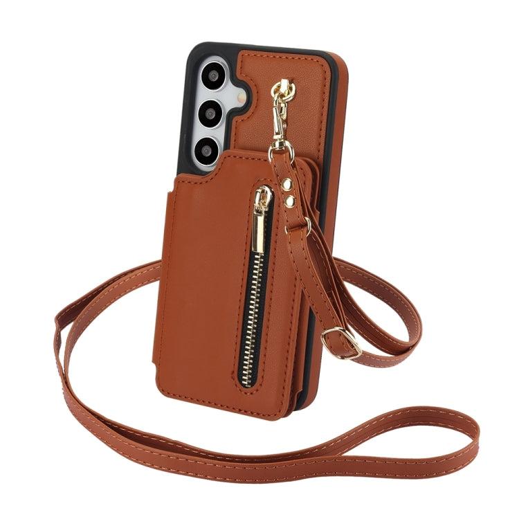 For Samsung Galaxy S24 5G YM006 Skin Feel Zipper Card Bag Phone Case with Dual Lanyard(Brown) - Galaxy S24 5G Cases by PMC Jewellery | Online Shopping South Africa | PMC Jewellery | Buy Now Pay Later Mobicred