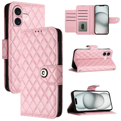 For iPhone 16 Rhombic Texture Flip Leather Phone Case with Lanyard(Pink) - iPhone 16 Cases by PMC Jewellery | Online Shopping South Africa | PMC Jewellery | Buy Now Pay Later Mobicred