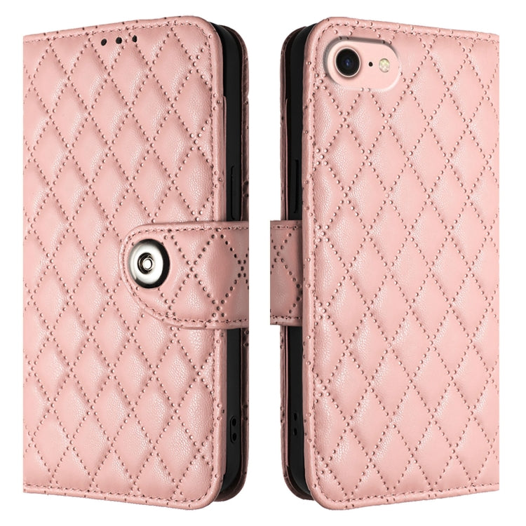 For iPhone SE 2024 Rhombic Texture Flip Leather Phone Case with Lanyard(Coral Pink) - More iPhone Cases by PMC Jewellery | Online Shopping South Africa | PMC Jewellery | Buy Now Pay Later Mobicred