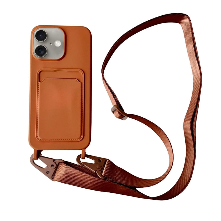 For iPhone 16 Card Slot Liquid Silicone Phone Case with Lanyard(Brown) - iPhone 16 Cases by PMC Jewellery | Online Shopping South Africa | PMC Jewellery | Buy Now Pay Later Mobicred