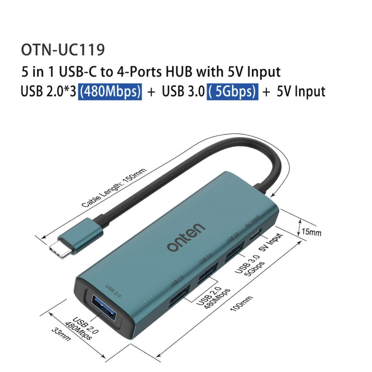 Onten UC119 5 in 1 USB-C / Type-C to USB 4-Ports USB HUB with 5V Input - USB HUB by Onten | Online Shopping South Africa | PMC Jewellery | Buy Now Pay Later Mobicred